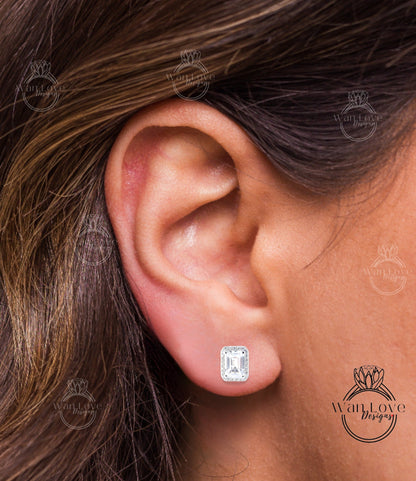 2ct Minimalist Emerald Diamond Halo Earrings • Emerald Cut Moissanite Earrings • Perfect Simple Earrings • Wedding Earrings • Gift for Her Wan Love Designs