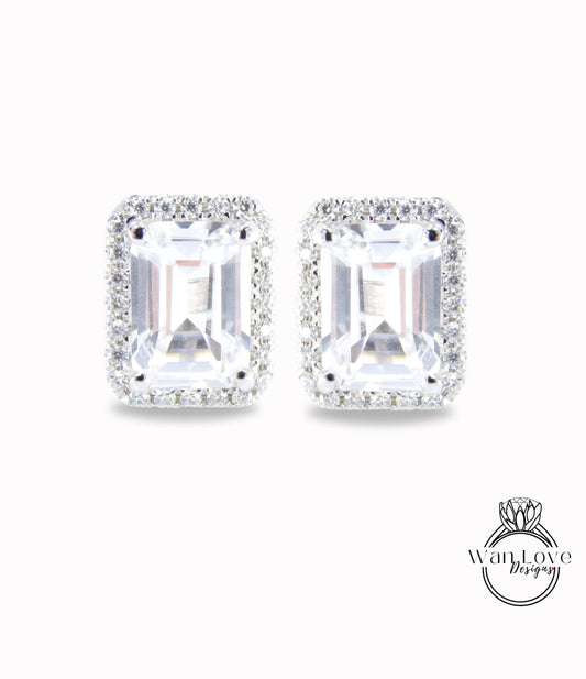2ct Minimalist Emerald Diamond Halo Earrings • Emerald Cut Moissanite Earrings • Perfect Simple Earrings • Wedding Earrings • Gift for Her Wan Love Designs