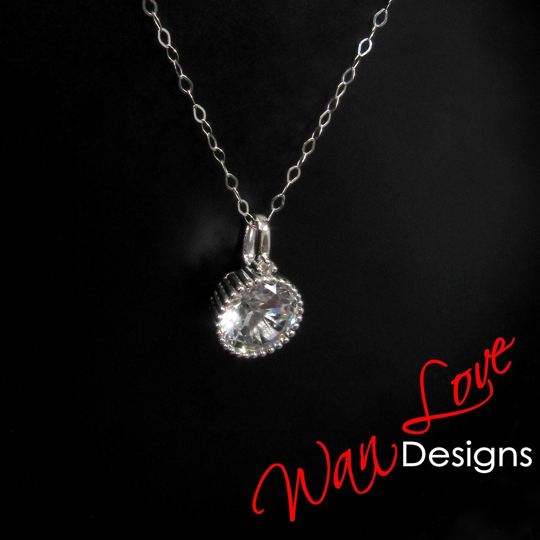 2ct Moissanite White Blue Pink Sapphire Emerald Diamond Round Milgrain Bezel Charm Necklace Thin Chain Custom Wedding Anniversary Gift Wan Love Designs
