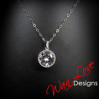 2ct Moissanite White Blue Pink Sapphire Emerald Diamond Round Milgrain Bezel Charm Necklace Thin Chain Custom Wedding Anniversary Gift Wan Love Designs