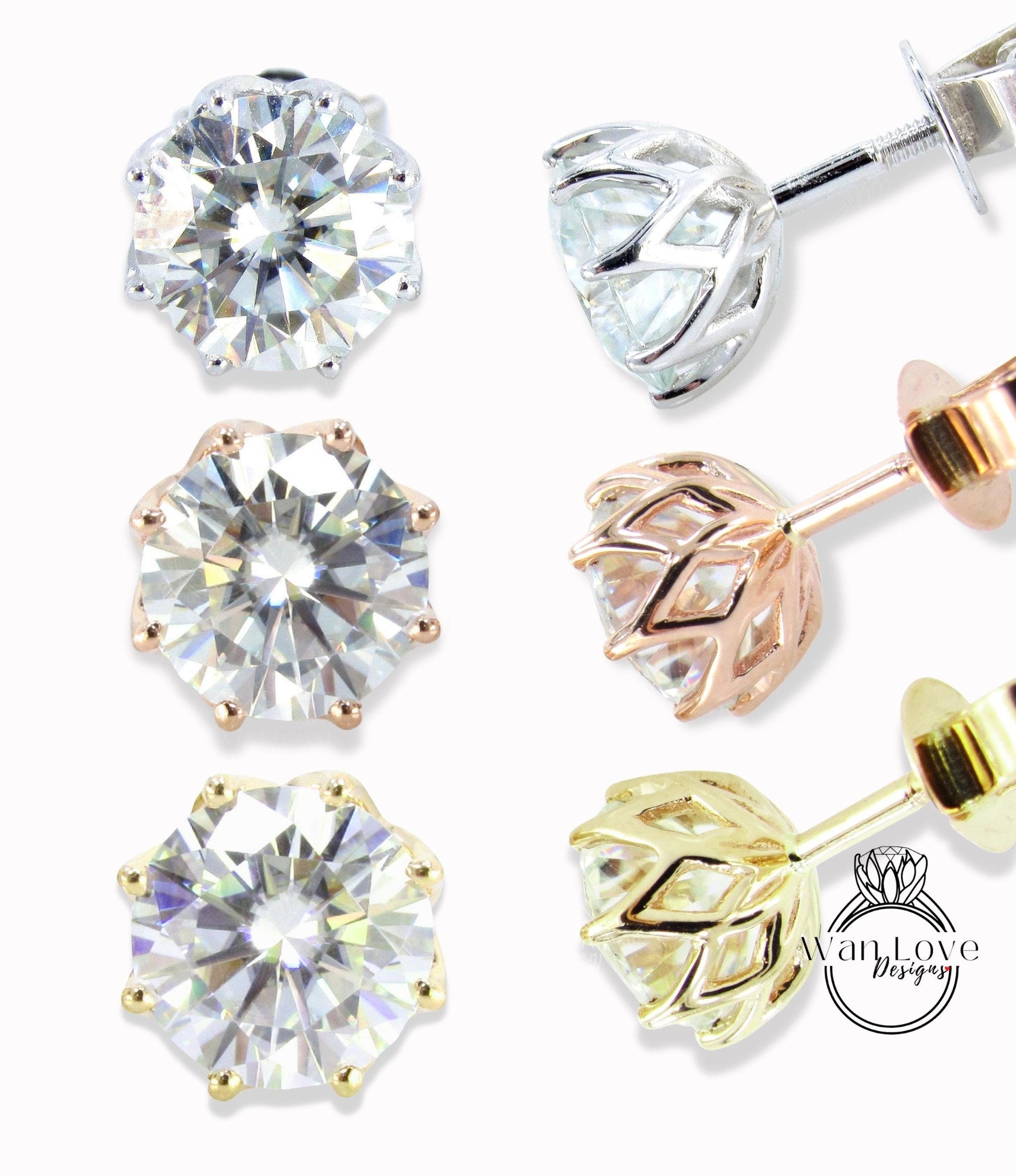 2ct Pair Round Cut Moissanite Diamond Stud Earrings, 8 prong Minimalist Studs, Birthstone Rose 14k 18k White Yellow Gold Earring Jewelry Wan Love Designs