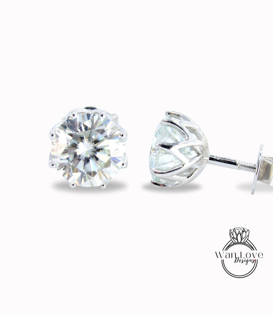 2ct Pair Round Cut Moissanite Diamond Stud Earrings, 8 prong Minimalist Studs, Birthstone Rose 14k 18k White Yellow Gold Earring Jewelry Wan Love Designs