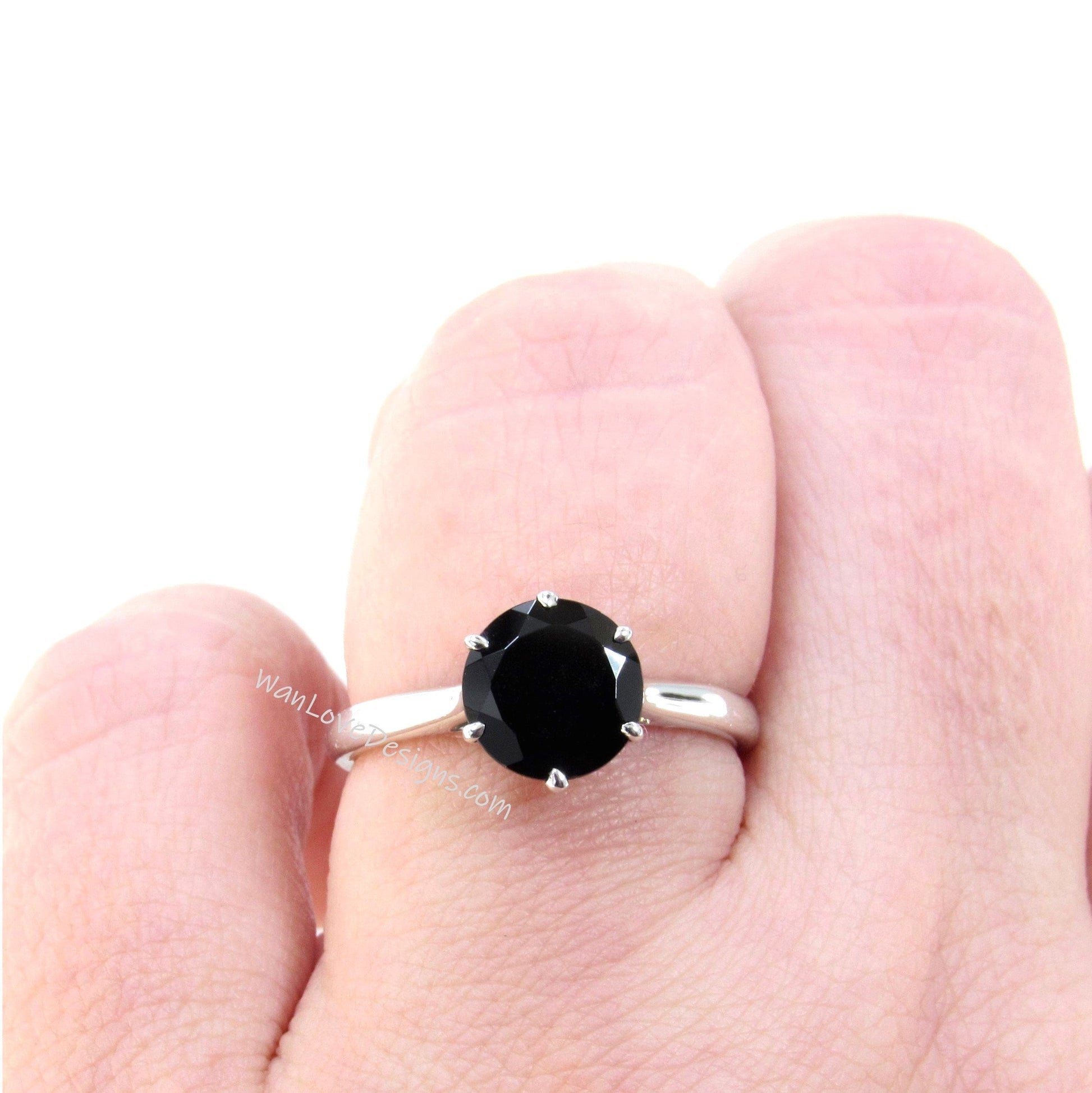 2ct Round Black Spinel ring Trellis Gallery 6 Prong Solitaire Engagement Ring art deco Anniversary bridal unique wedding band Gift for her Wan Love Designs