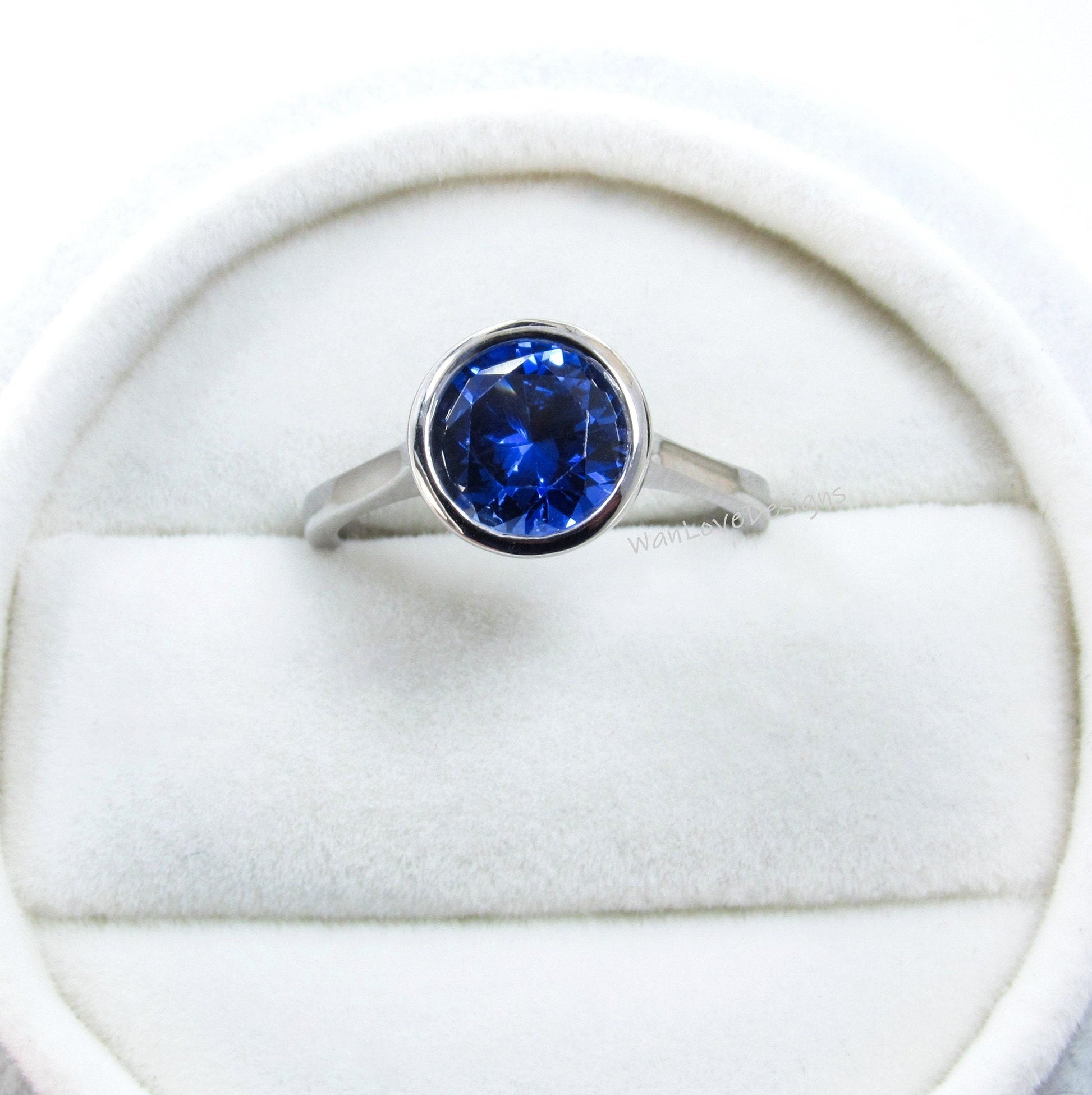 2ct Round Cut Blue Sapphire Round Bezel Engagement Ring, 14K Gold Bridal Ring, Plain Wedding Band, Bezel Setting, Anniversary Rings Gift Wan Love Designs