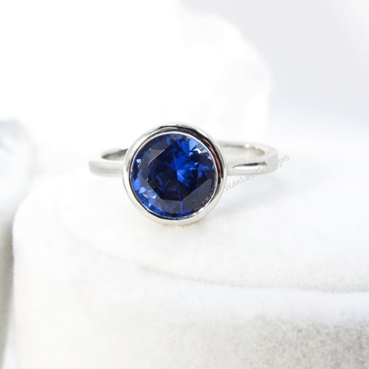 2ct Round Cut Blue Sapphire Round Bezel Engagement Ring, 14K Gold Bridal Ring, Plain Wedding Band, Bezel Setting, Anniversary Rings Gift Wan Love Designs
