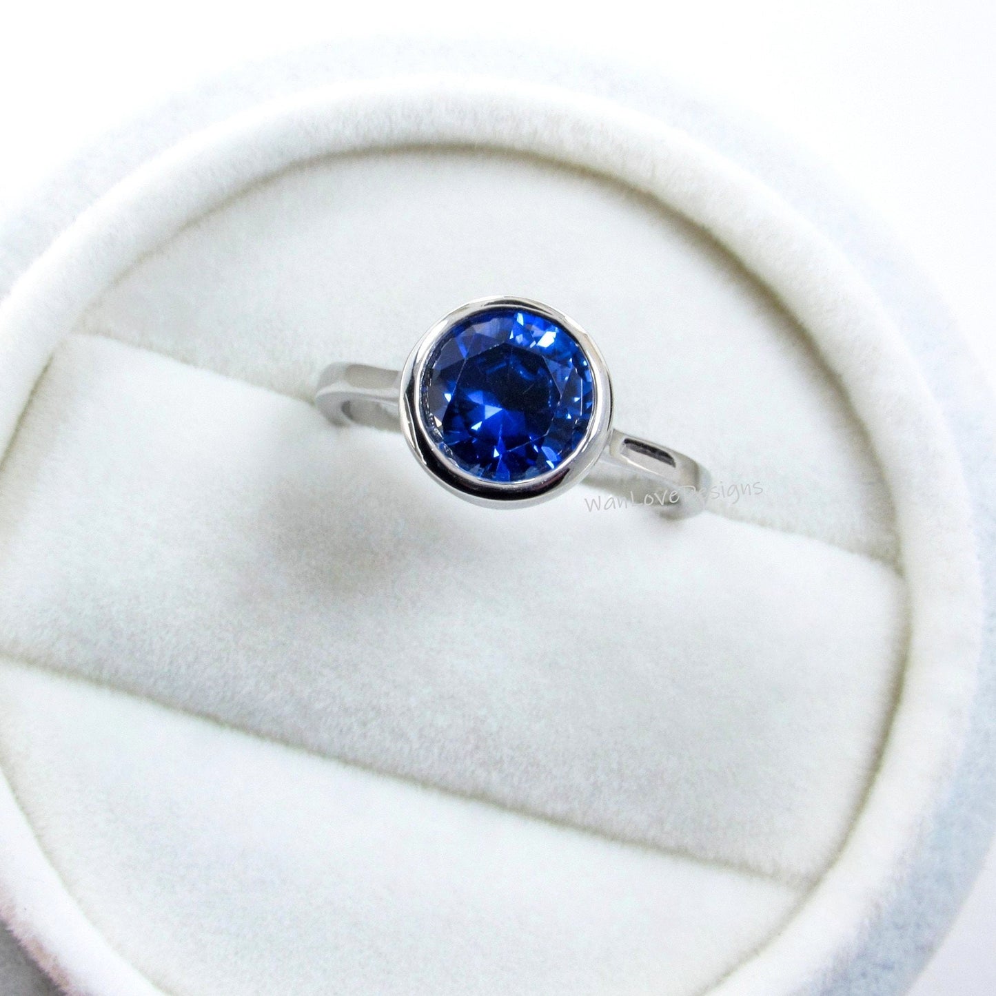 2ct Round Cut Blue Sapphire Round Bezel Engagement Ring, 14K Gold Bridal Ring, Plain Wedding Band, Bezel Setting, Anniversary Rings Gift Wan Love Designs