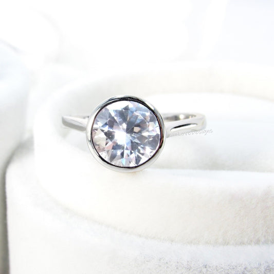 2ct Round Cut White Sapphire Round Bezel Engagement Ring, 14K Gold Bridal Ring, Plain Wedding Band, Bezel Setting, Anniversary Rings Gift Wan Love Designs