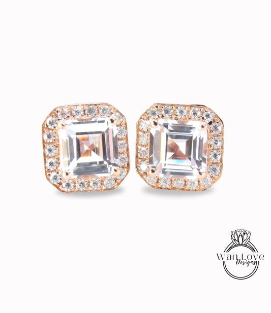2ct Stud Hexagon Diamond Halo Earrings, wedding jewelry, bridal jewelry, birthstone wedding earrings, Assher Princess Stud Earrings Wan Love Designs