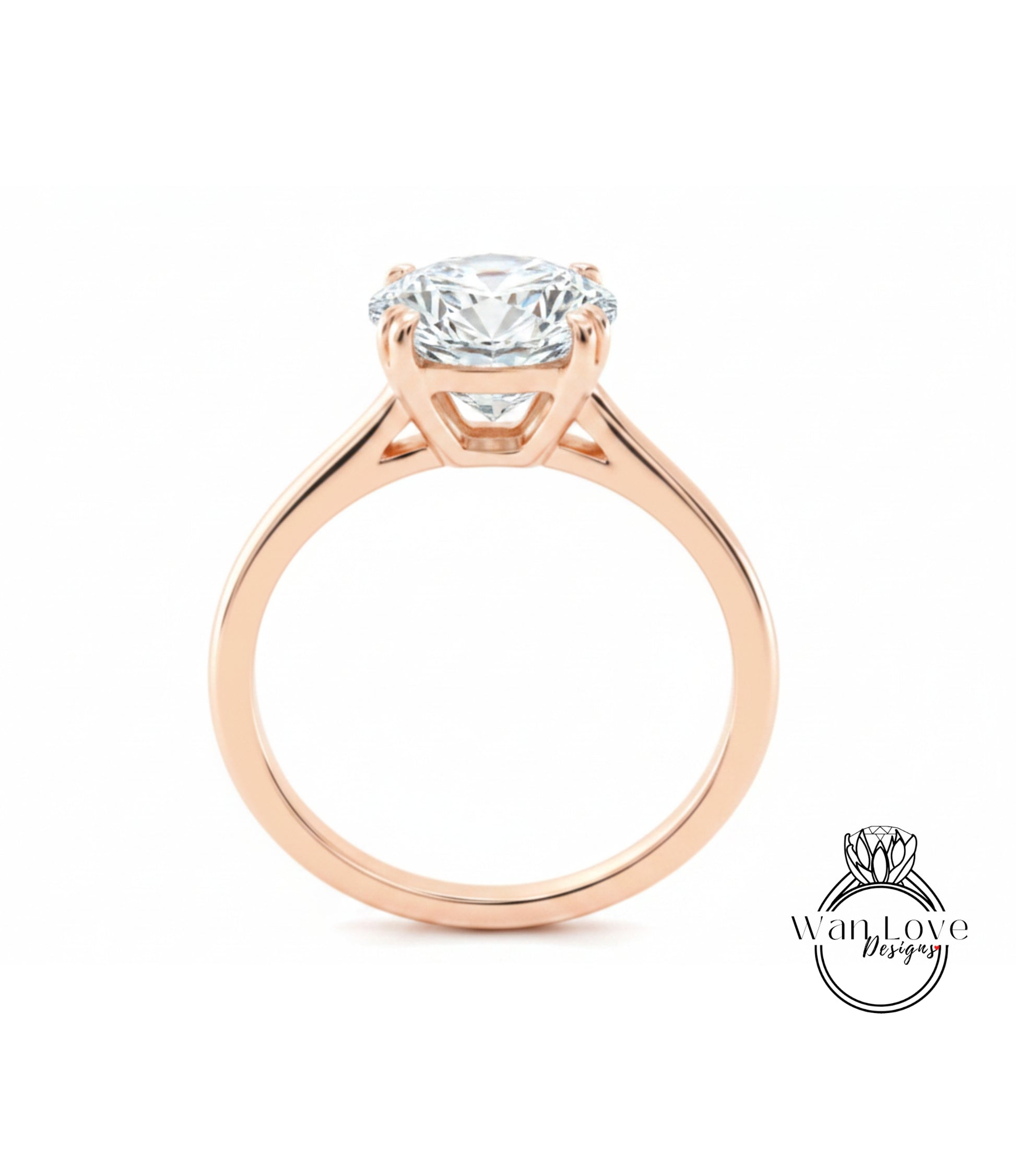 A rose gold engagement ring with a large, round diamond set in the center.
