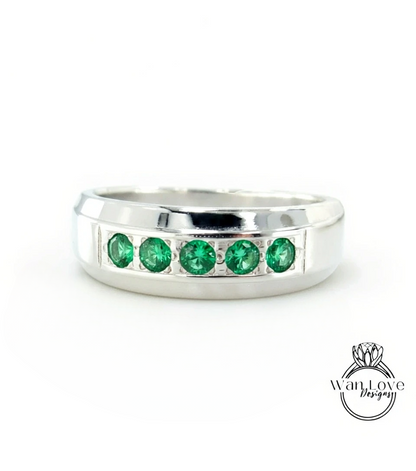 Mens Blue Sapphire Wedding Ring | White Gold Mens Wedding Band | Round Cut Diamond Band | 14k/18k Gold/Platinum Ring | His Birthstone Band