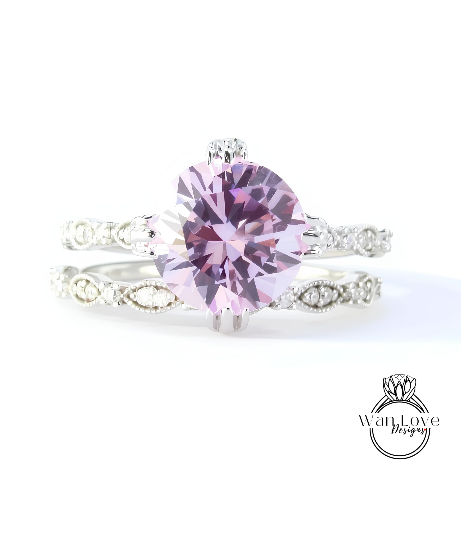 A close-up image of a beautiful engagement ring with a large, round purple gemstone set in a silver band.
