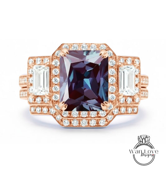 A close-up of a beautiful engagement ring with a large purple gemstone surrounded by smaller diamonds.