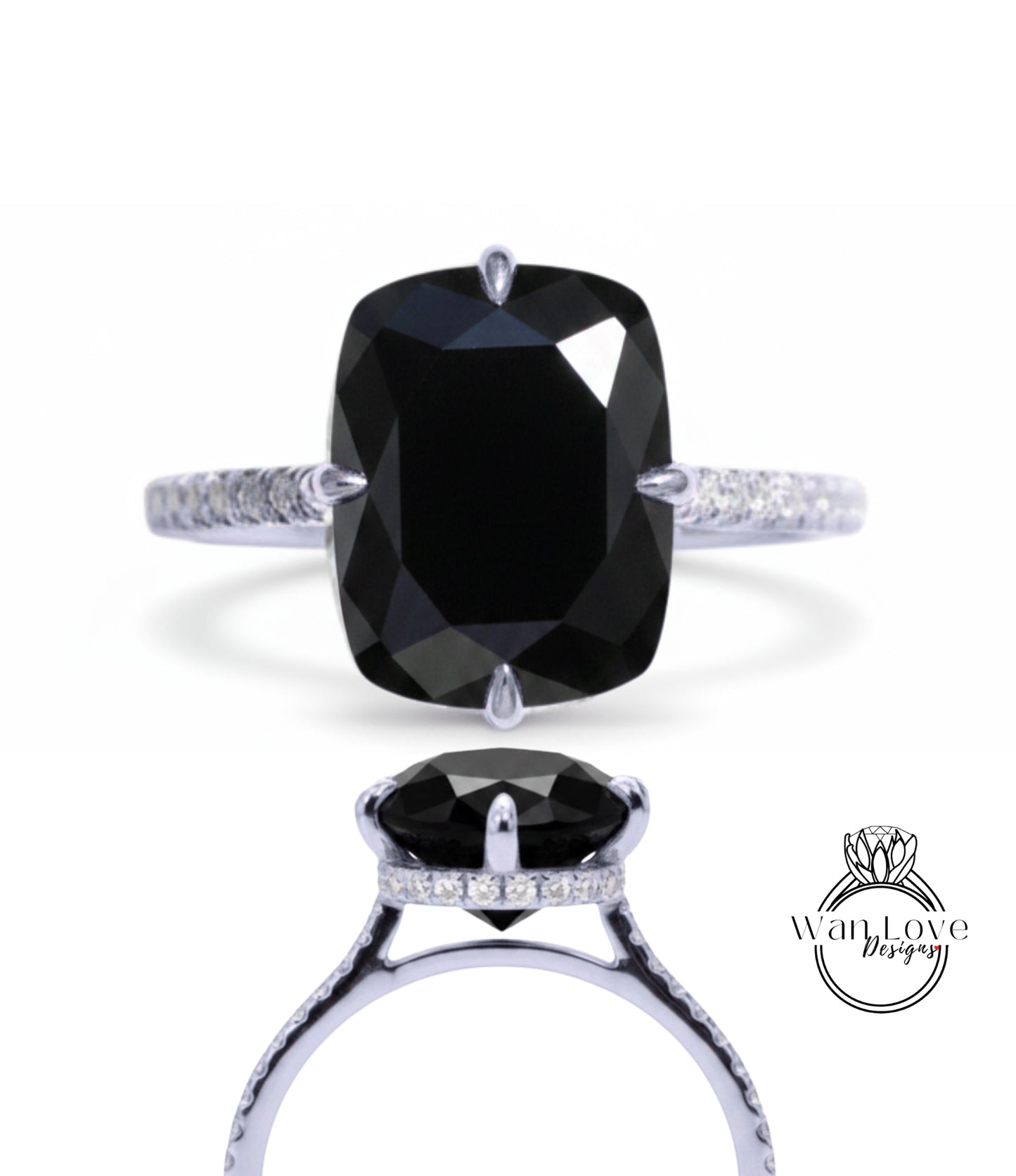 A large, black diamond engagement ring with a silver band and small diamonds.