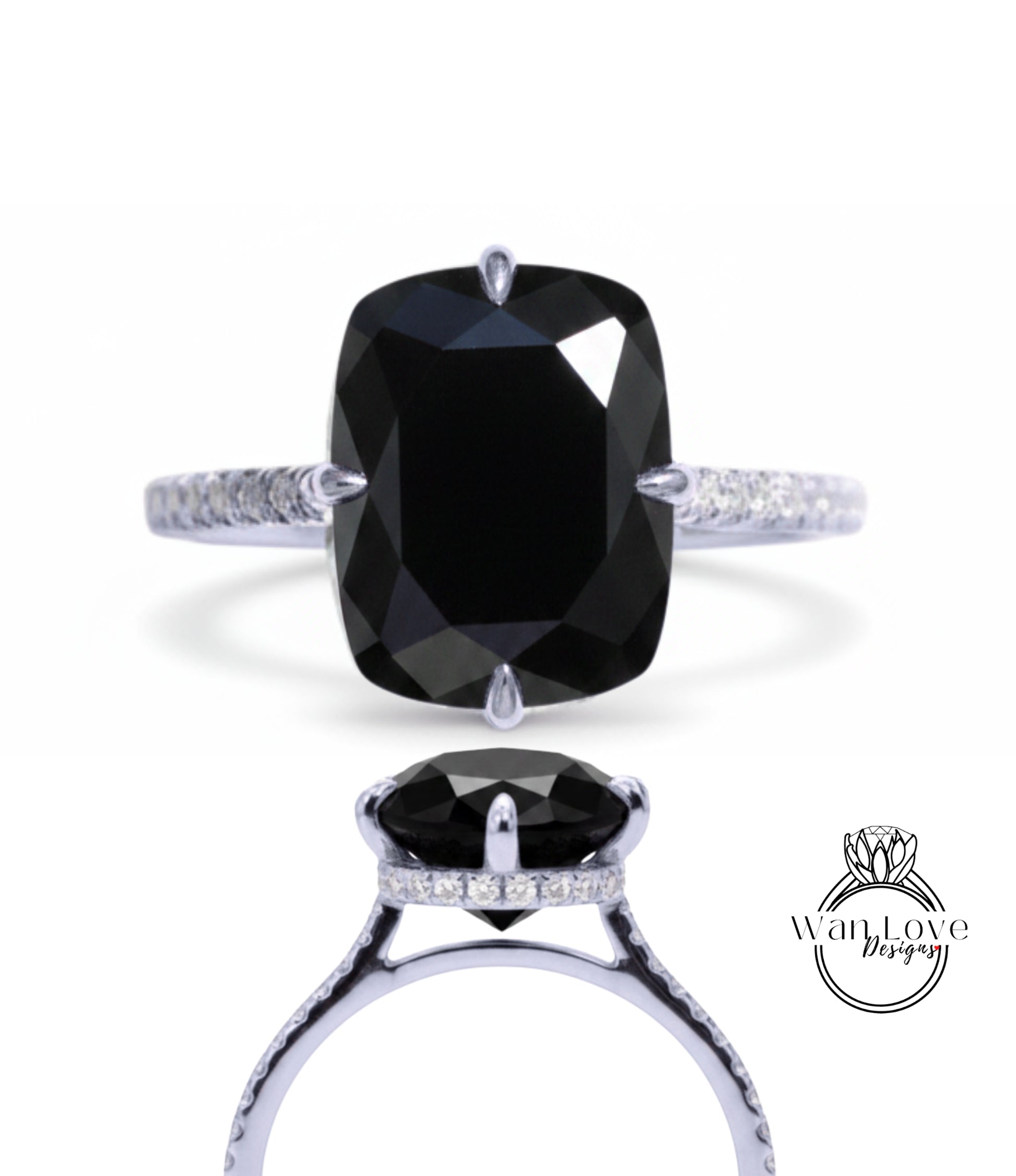 A large, black diamond engagement ring with a silver band and small diamonds.