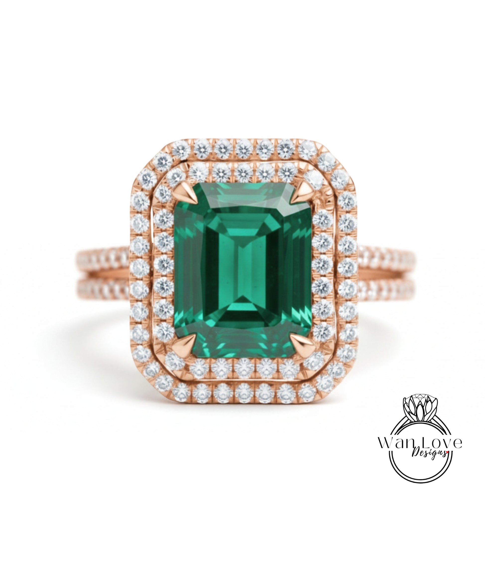 A large, green gemstone ring with a halo of smaller diamonds around it, set in a rose gold band.