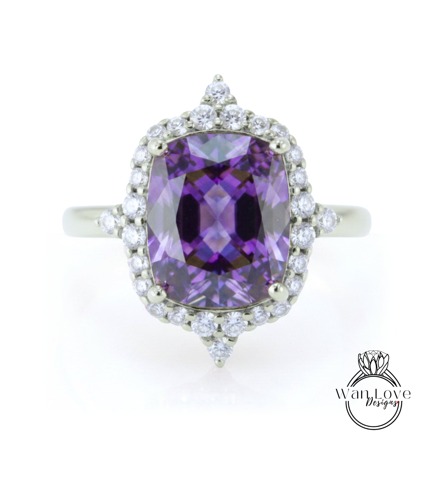 A ring featuring a large, purple gemstone surrounded by a halo of smaller diamonds.