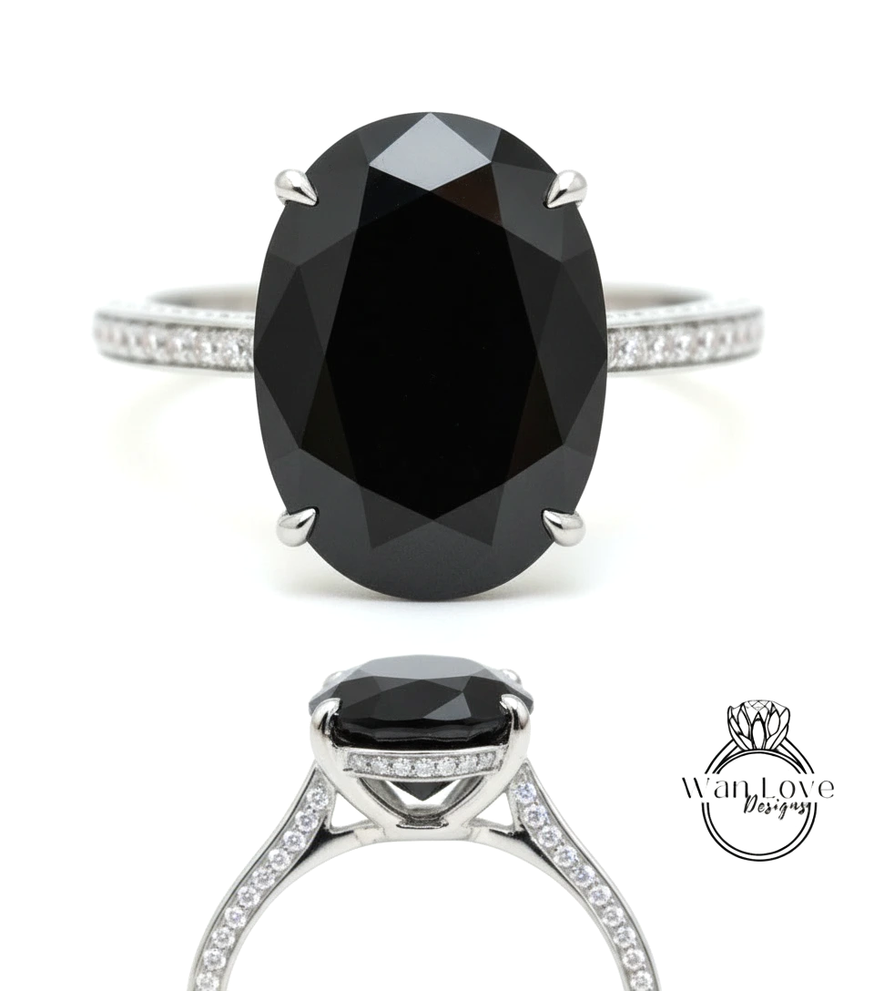 Black Spinel & Diamond Oval side halo 3 sided Almost eternity shank band Engagement Ring 14k/18k Rose White Gold, Celebrity Elongated Oval Bridal wedding Ring, Anniversary Gift
