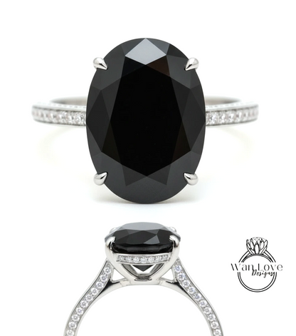 Black Spinel & Diamond Oval side halo 3 sided Almost eternity shank band Engagement Ring 14k/18k Rose White Gold, Celebrity Elongated Oval Bridal wedding Ring, Anniversary Gift