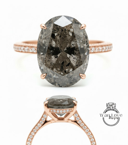 Anello di fidanzamento ovale stile celebrità personalizzato con diamanti sale e pepe Fascia di diamanti a 3 lati in oro rosa Anello unico per l'anniversario nuziale in oro massiccio