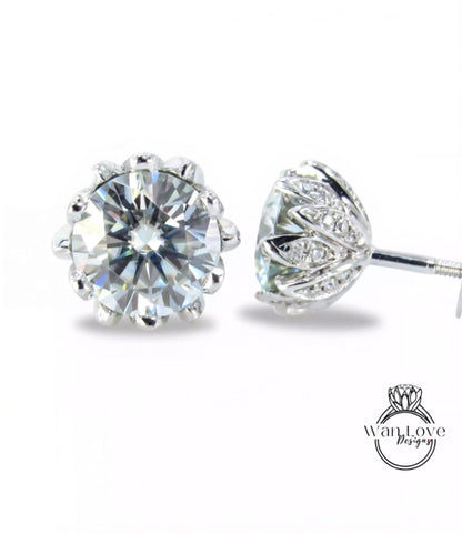2ct Lotus Flower Moissanite flower earrings 6 prong moissanite white Gold Screwback earrings bridal wedding anniversary jewelry gift for her Wan Love Designs