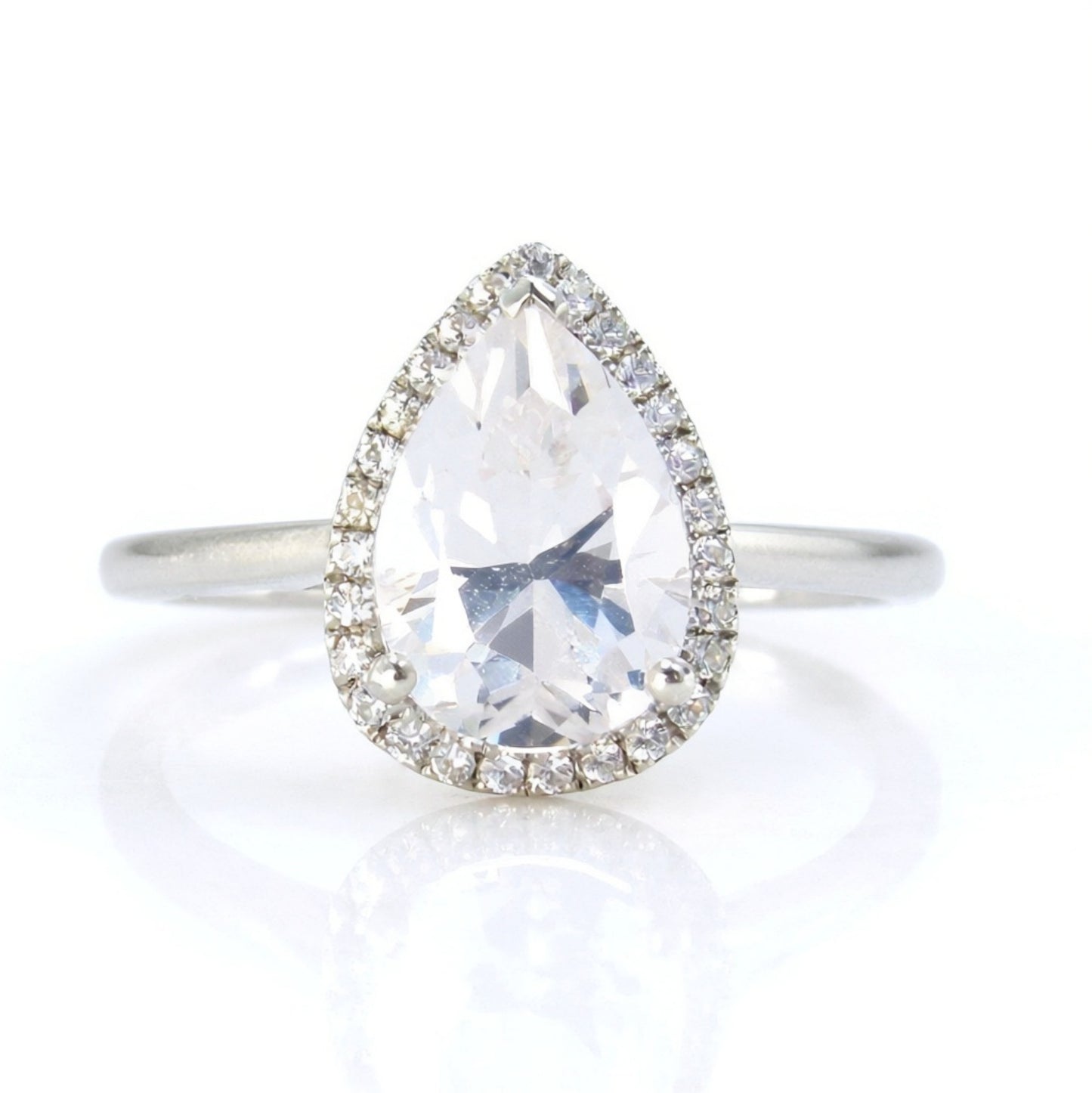 Pear cut Halo White Sapphire Engagement Ring dainty pear sapphire ring 2ct pear sapphire cathedral ring bridal promise wedding ring for her Wan Love Designs