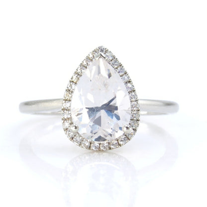 Pear cut Halo White Sapphire Engagement Ring dainty pear sapphire ring 2ct pear sapphire cathedral ring bridal promise wedding ring for her Wan Love Designs