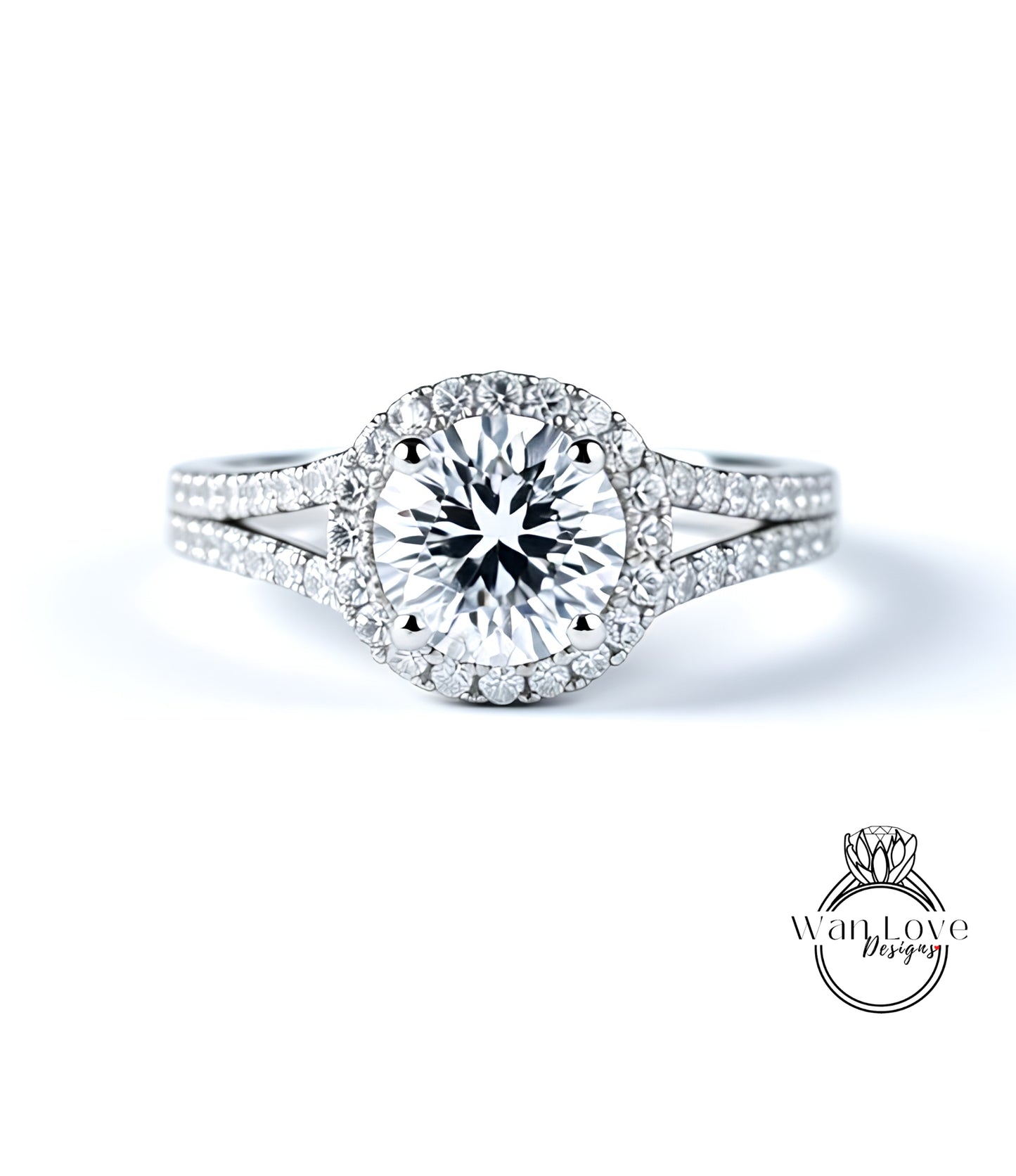 A stunning diamond engagement ring with a large central diamond surrounded by smaller diamonds set in a halo of smaller diamonds.