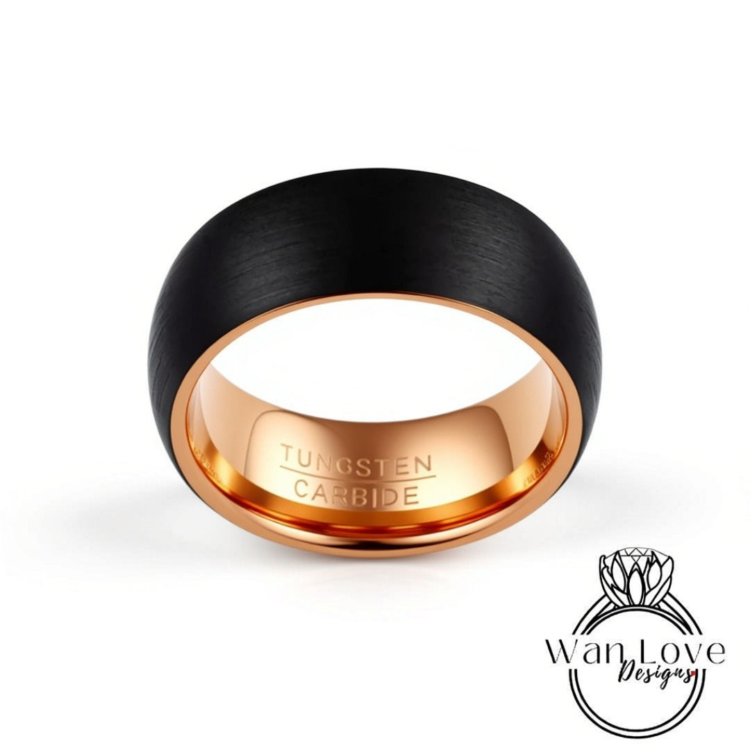 Mens Wedding Band, Rose Gold Tungsten Ring, Brushed Black Mens Ring, Male Wedding Ring, Mens Promise Ring, Personalized Ring, 8MM Wide Wan Love Designs