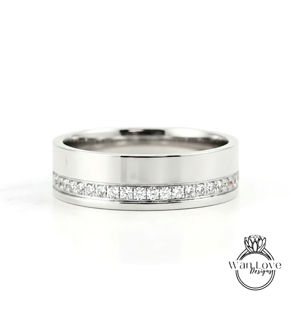 Diamond Mens Wedding Band, Bottom or Top row gems Cigar Band, 14k White Rose Gold Ring, Mens Band, Mans Birthstone Commitment Band