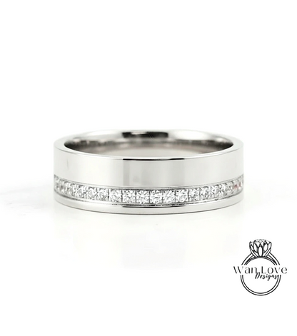 Diamond Mens Wedding Band, Bottom or Top row gems Cigar Band, 14k White Rose Gold Ring, Mens Band, Mans Birthstone Commitment Band