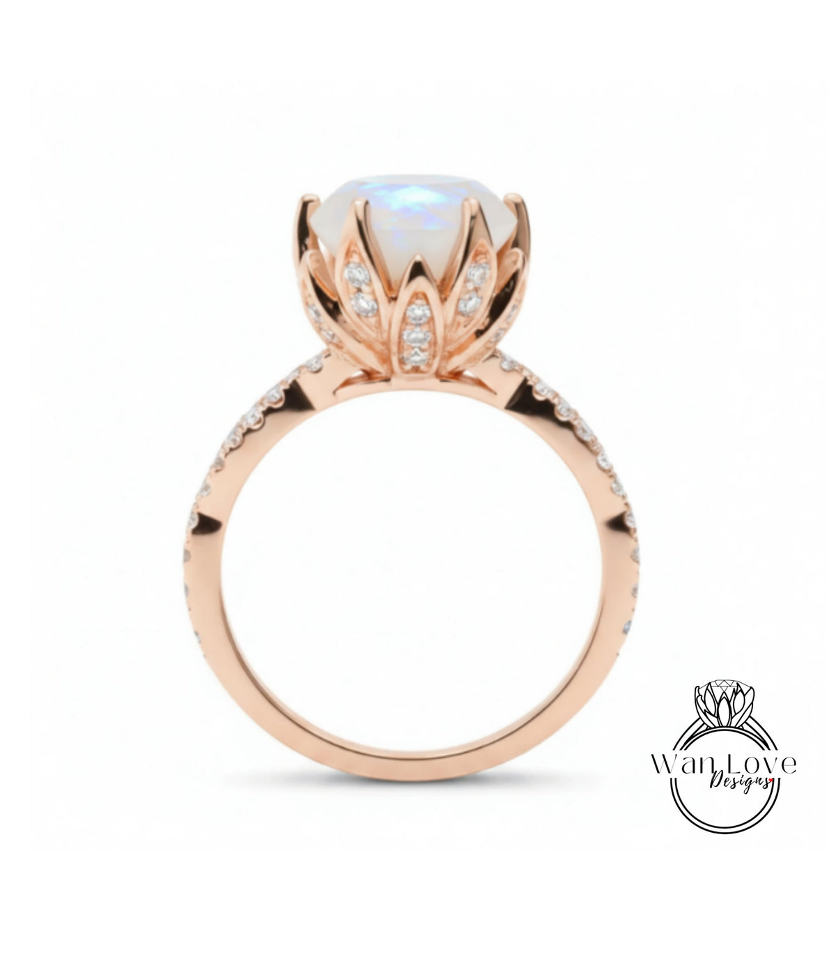A rose gold engagement ring with a large opal gemstone set in a decorative flower-like design.