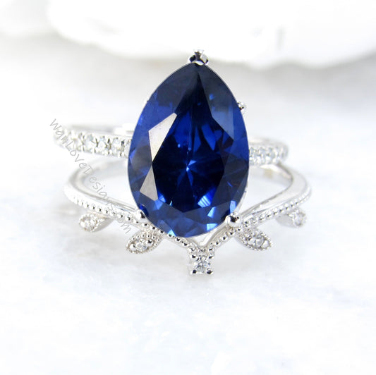 2pc Blue Sapphire Pear shaped engagement ring white gold Unique Cluster vintage ring vintage Milgrain Leaf curved wedding band Gift for her Wan Love Designs