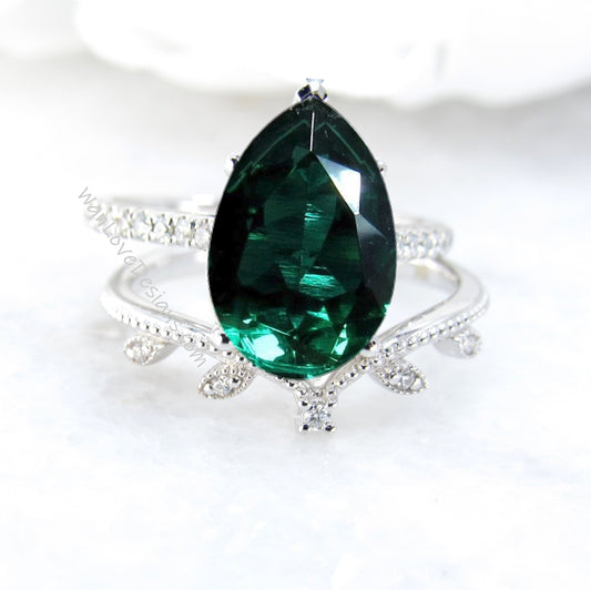 2pc Emerald Pear shaped engagement ring white gold Unique Cluster vintage ring vintage Milgrain Leaf curved wedding band Gift for her Wan Love Designs