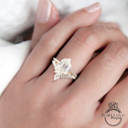 2pc Hexagon shaped Moissanite engagement ring rose gold Unique Cluster vintage ring vintage Pear cut curved wedding band Gift for her Wan Love Designs
