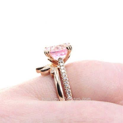 2pc Round Light Pink Sapphire engagement ring set vintage rose gold Unique Star band Diamond cluster engagement ring women Bridal gift set Wan Love Designs