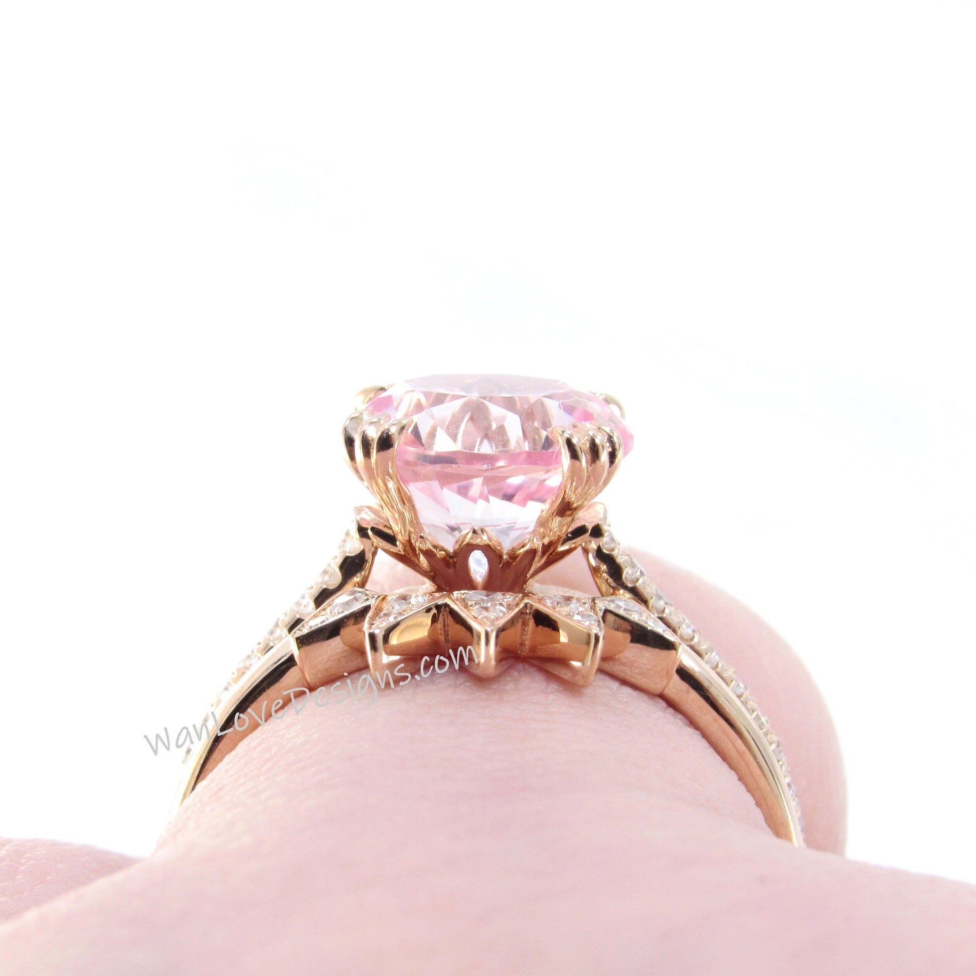 2pc Round Light Pink Sapphire engagement ring set vintage rose gold Unique Star band Diamond cluster engagement ring women Bridal gift set Wan Love Designs