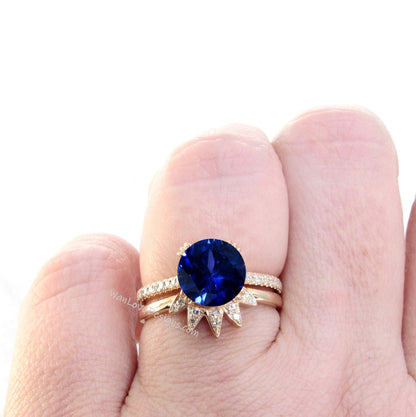 2pc Round cut Blue Sapphire engagement ring set vintage rose gold Unique Star band Diamond cluster engagement ring women Bridal gift set Wan Love Designs