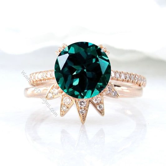 2pc Round cut Emerald engagement ring set vintage rose gold Unique Star cut Tiara Band Diamond cluster engagement ring women Bridal gift set Wan Love Designs