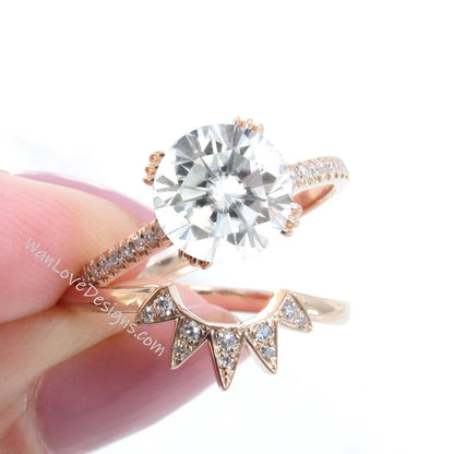 2pc Round cut Moissanite engagement ring set vintage rose gold Unique Star Tiara band Diamond cluster engagement ring women Bridal gift set Wan Love Designs