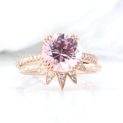 2pc Round cut Peach Sapphire engagement ring set vintage rose gold Unique Star band Diamond cluster engagement ring women Bridal gift set Wan Love Designs