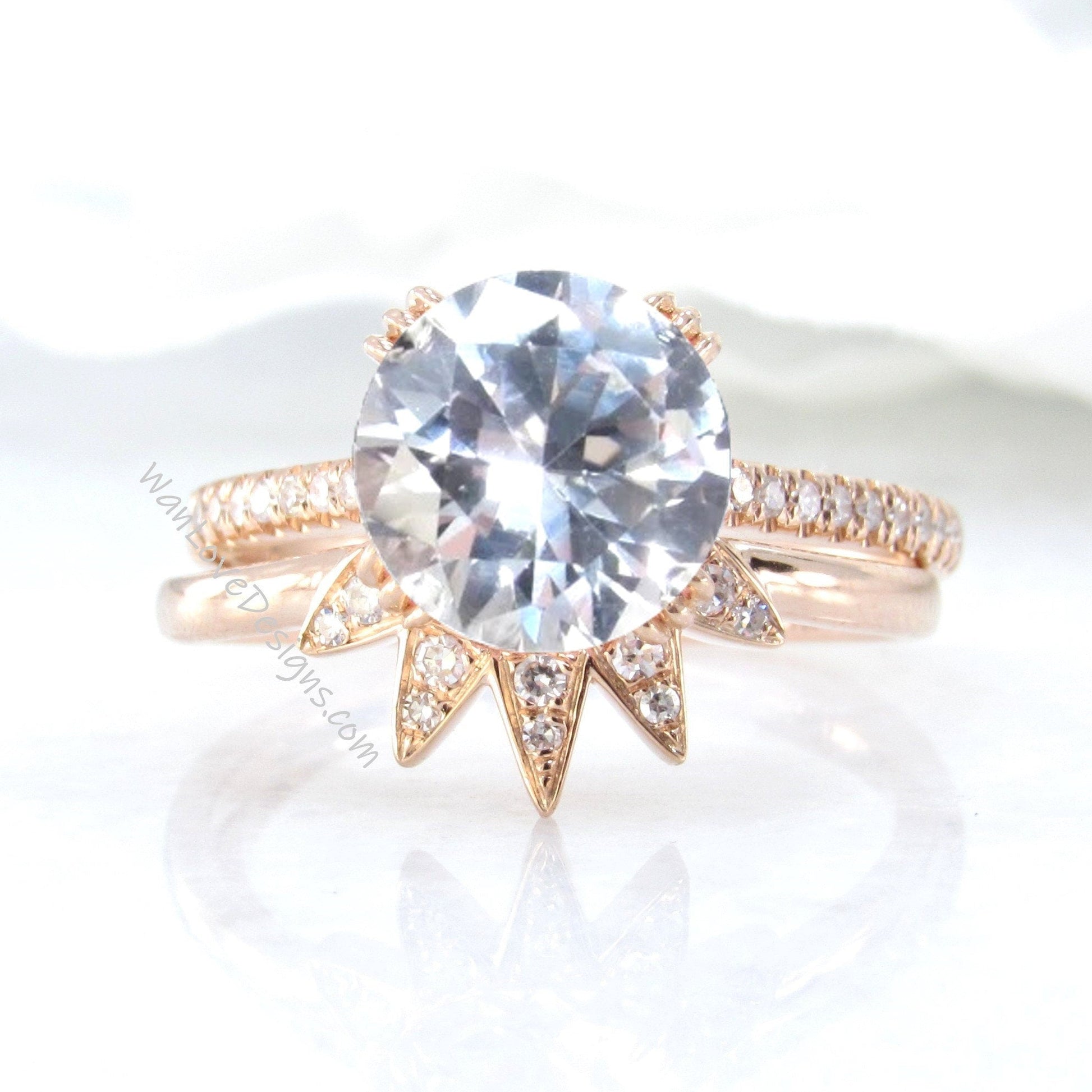 2pc Round cut White Sapphire engagement ring set vintage rose gold Unique Star band Diamond cluster engagement ring women Bridal gift set Wan Love Designs