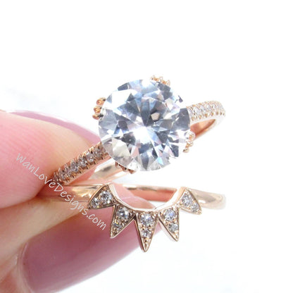 2pc Round cut White Sapphire engagement ring set vintage rose gold Unique Star band Diamond cluster engagement ring women Bridal gift set Wan Love Designs