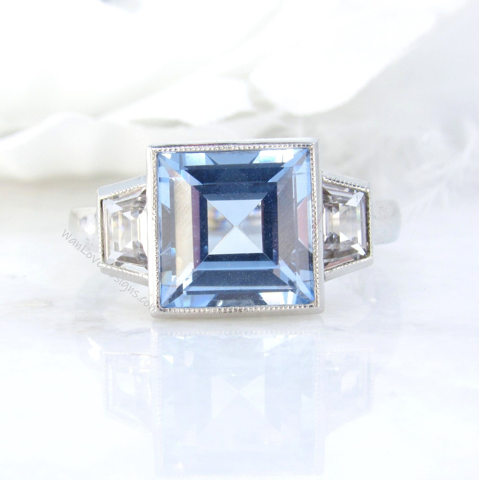 3 CT Princess Cut Aquamarine Spinel Engagement Ring, Milgrain Bezel Ring, Side Trapezoid White Sapphire Wedding Ring, Bridal Set Ring Wan Love Designs