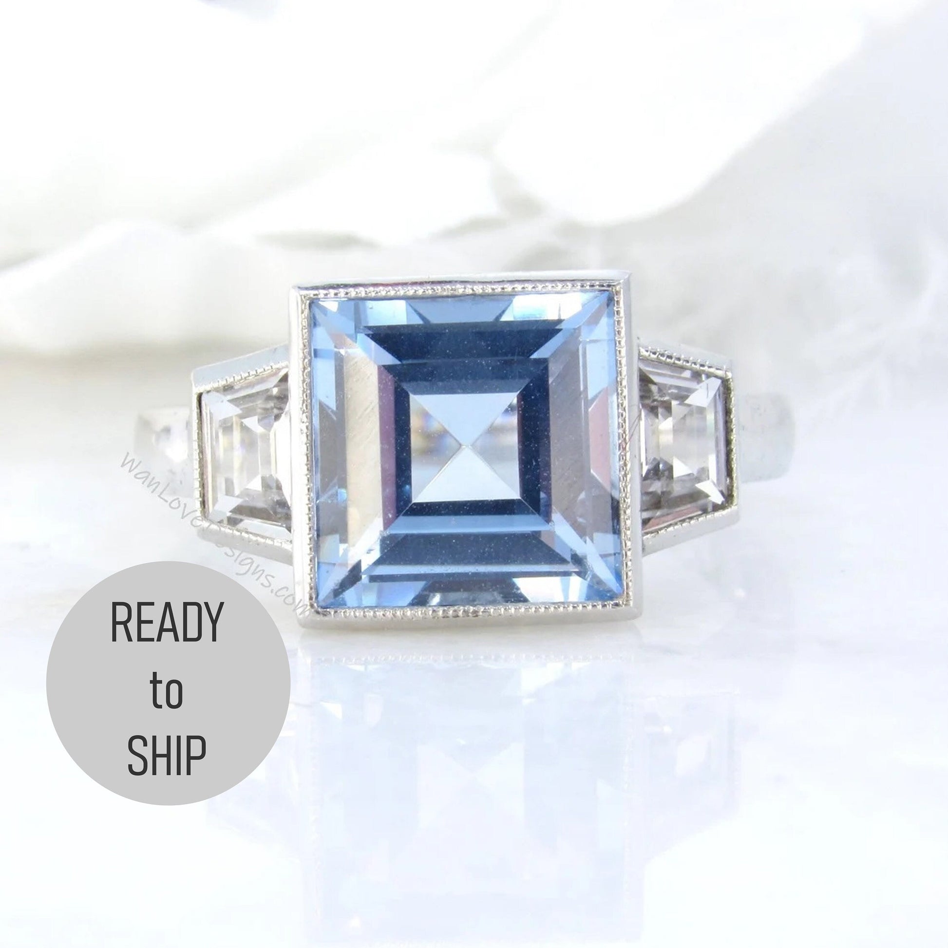 3 CT Princess Cut Aquamarine Spinel Engagement Ring, Milgrain Bezel Ring, Side Trapezoid White Sapphire Wedding Ring, Bridal Set Ring Wan Love Designs