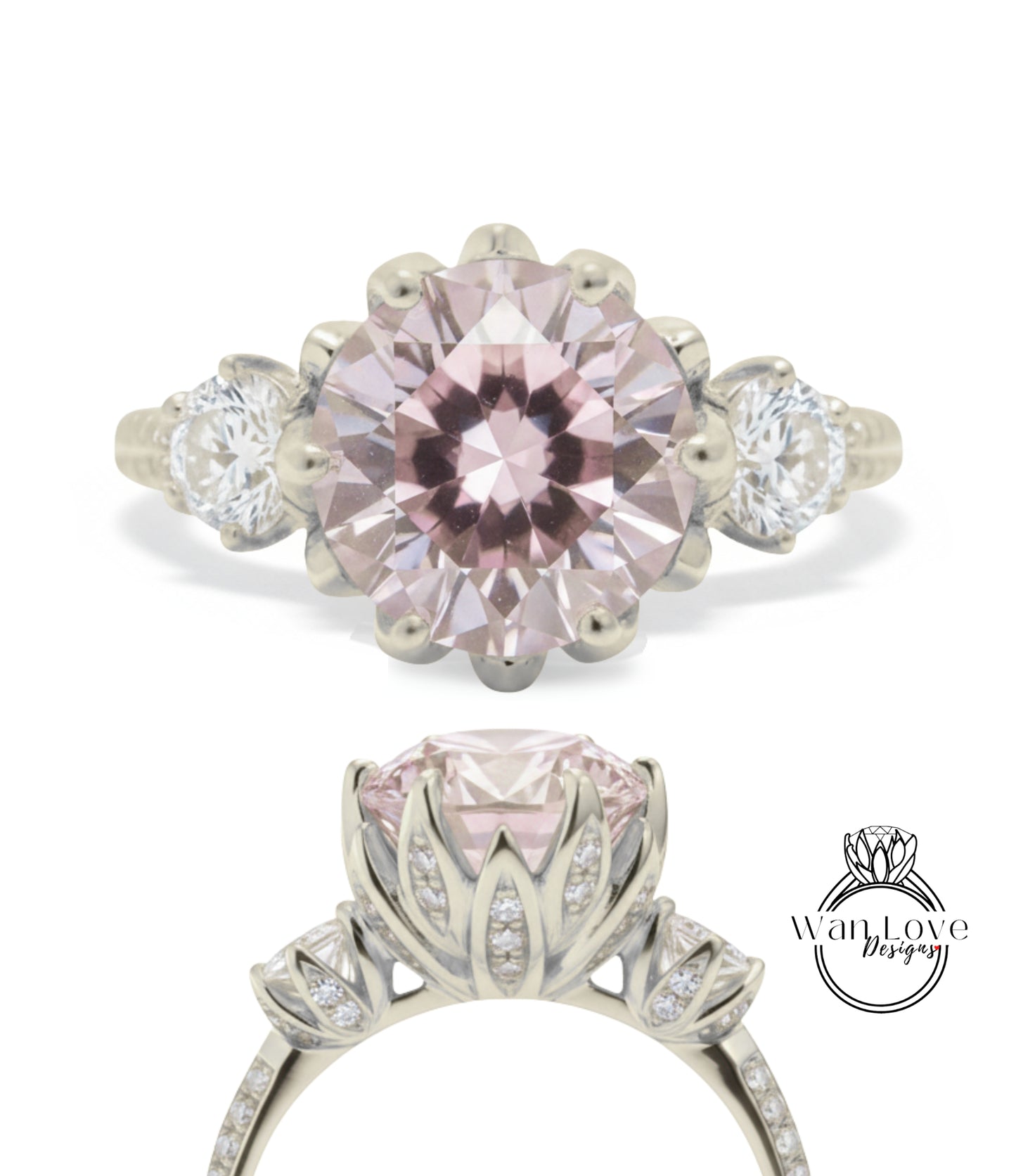 A beautiful pink gemstone engagement ring with a large central gemstone surrounded by smaller stones and a delicate floral design.