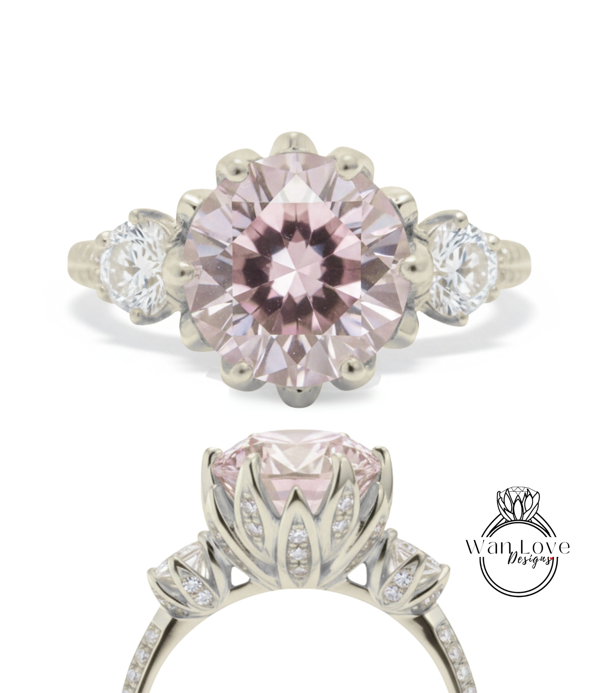 A beautiful pink gemstone engagement ring with a large central gemstone surrounded by smaller stones and a delicate floral design.