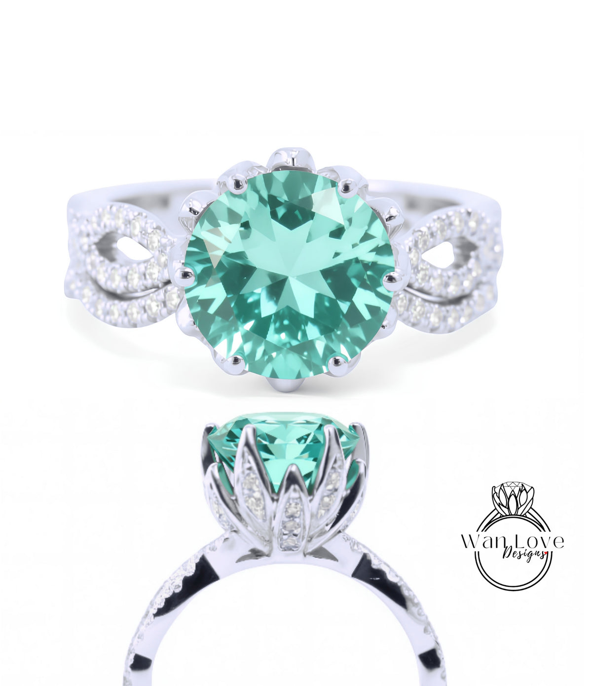 A silver ring with a large, round, green gemstone at the center. The ring has a delicate, flower-like design around the gemstone.
