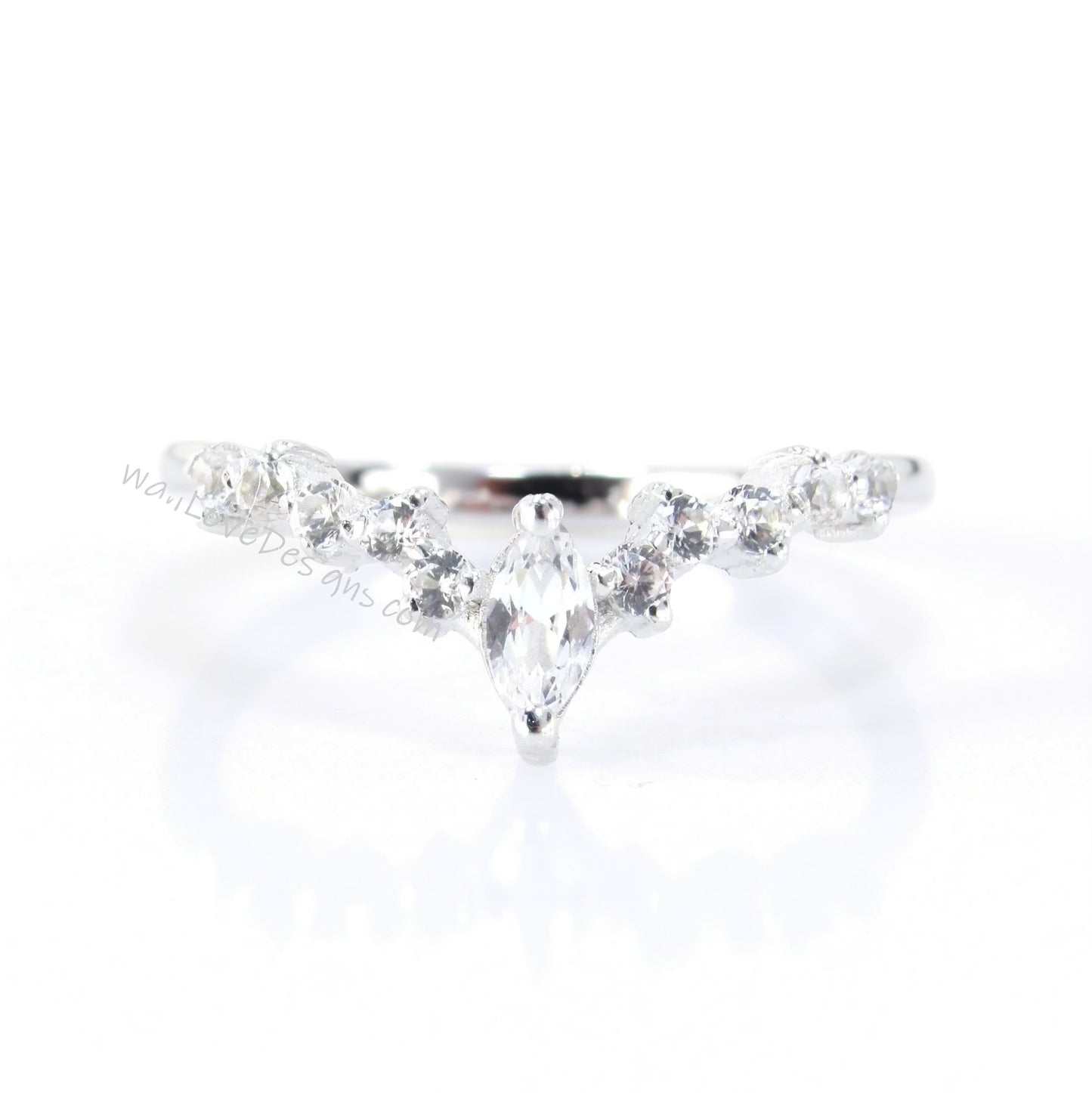 Diamond Cluster Marquise Round Wedding Band, Unique V Shaped Ring, Matching Nesting Band, 14k 18k Solid Gold Rose White Yellow or Platinum Wan Love Designs