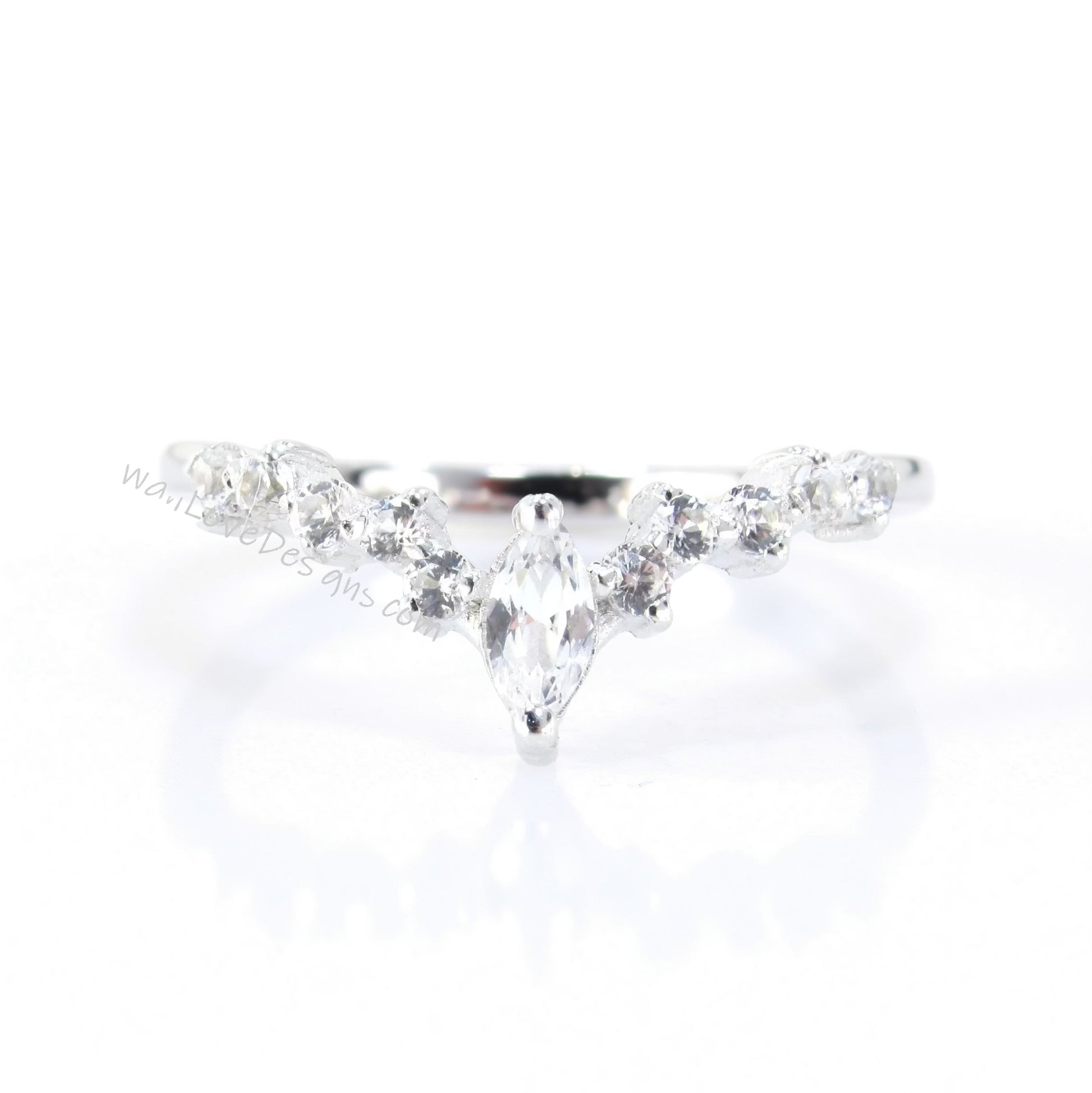 Diamond Cluster Marquise Round Wedding Band, Unique V Shaped Ring, Matching Nesting Band, 14k 18k Solid Gold Rose White Yellow or Platinum Wan Love Designs