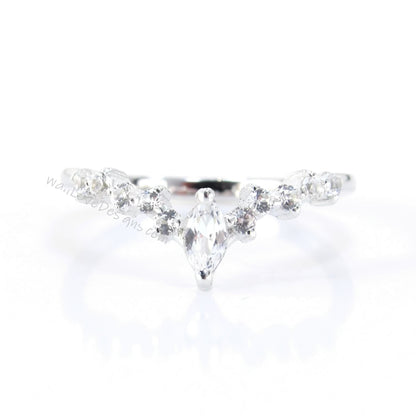 Diamond Cluster Marquise Round Wedding Band, Unique V Shaped Ring, Matching Nesting Band, 14k 18k Solid Gold Rose White Yellow or Platinum Wan Love Designs